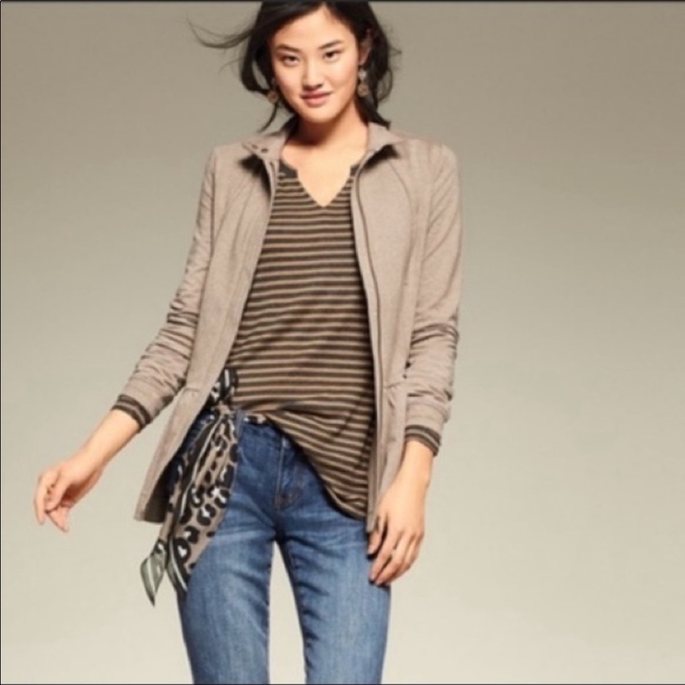 CAbi Tan Jacket with Striped Top